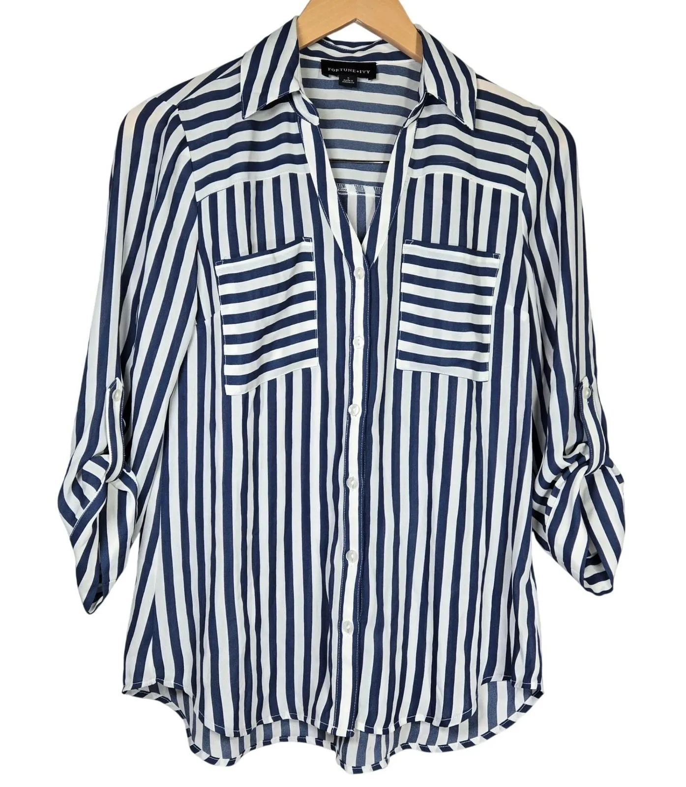 Fortune Ivy Navy White Stripe Button Front Roll Tab Sleeve Blouse Shirt Small - Image 1