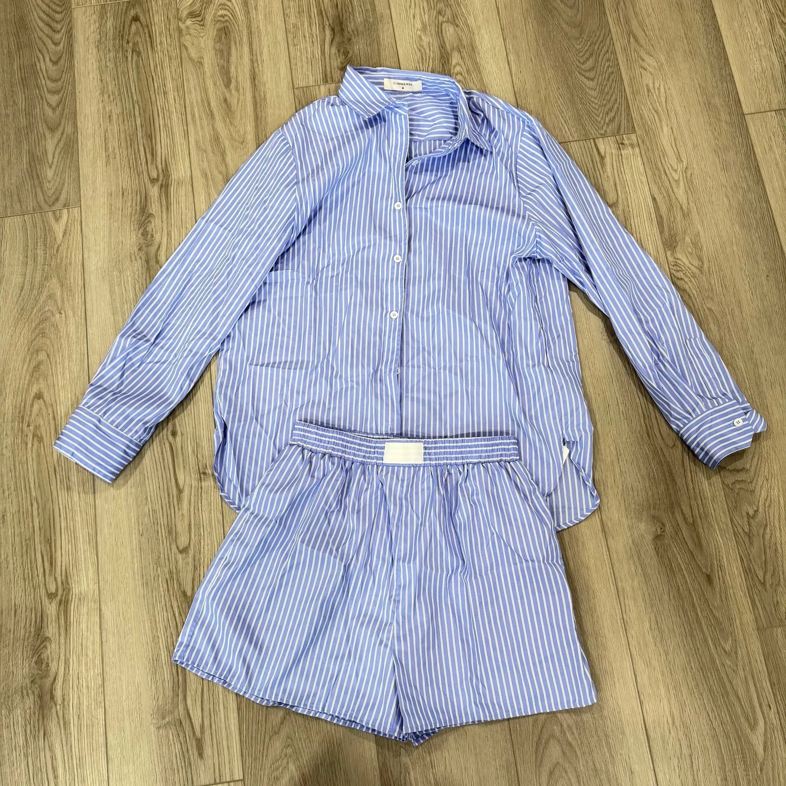 Commense Casual Relaxed Button Down Shorts Set Blue Stripe Leisure M Size M - Image 3