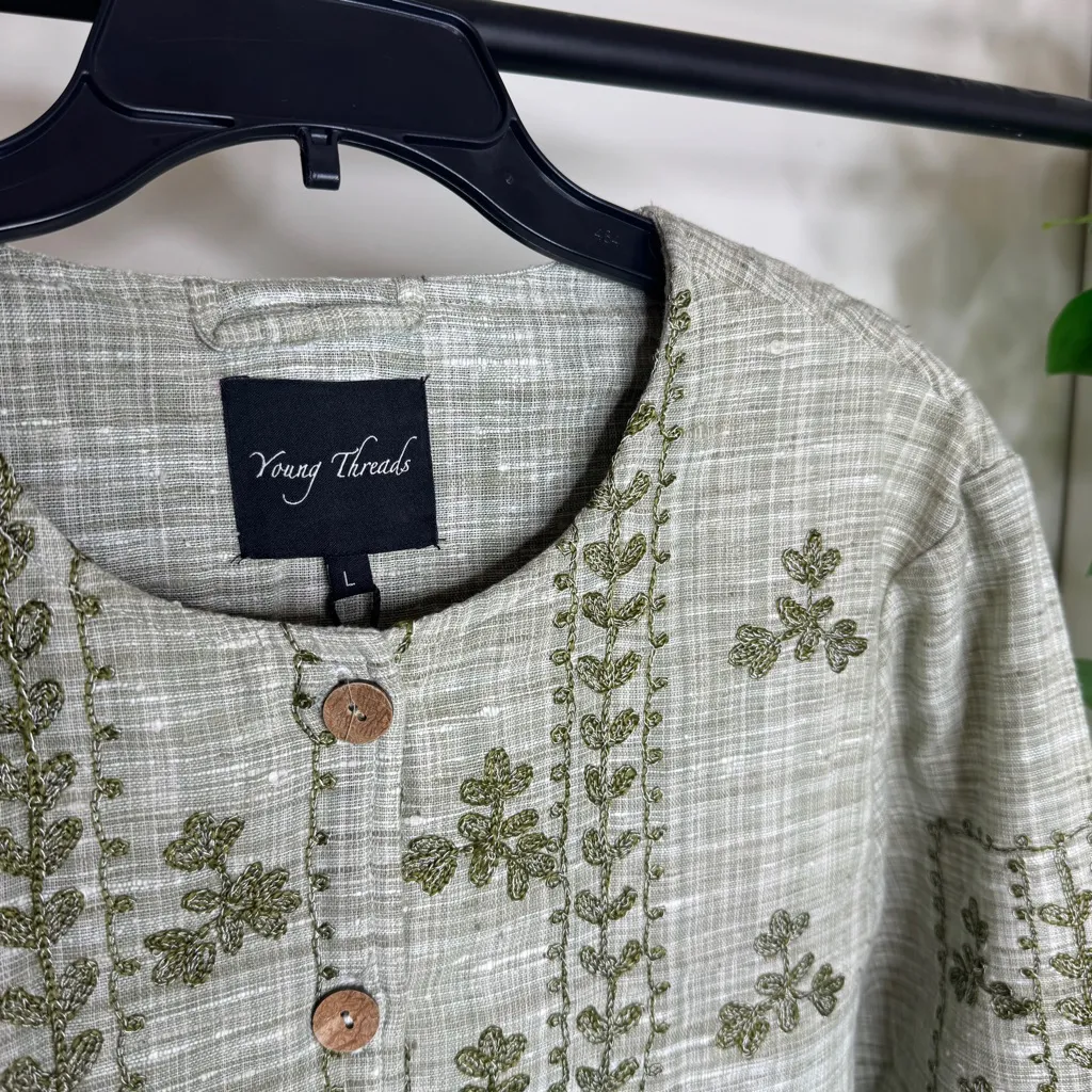 NWT Young Threads Khadi Linen Tonal Embroidered Jacket Boho Western size L Large - Image 9
