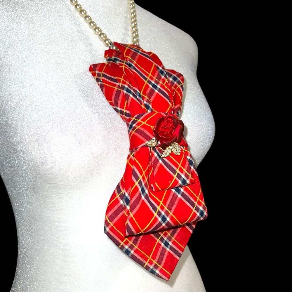 Elegant Red Plaid Necklace with Rose Accent - Image 2