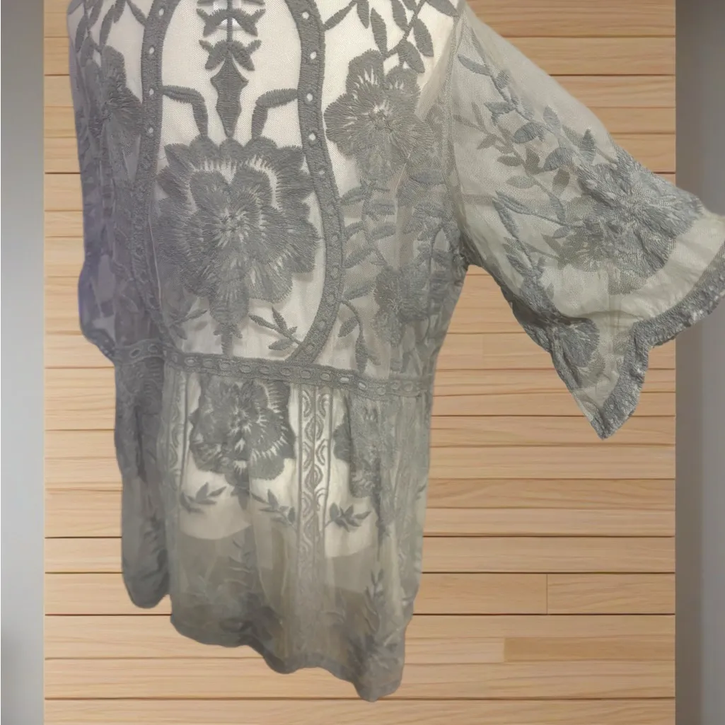 Boho Green Lace Embroidered Kimono Cardigan Cottagecore Fairycore Layering - Image 2