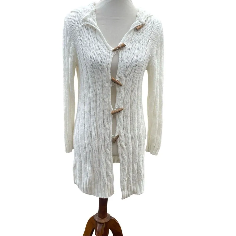 Fancy Design White Knit Hooded Sweater Jacket Toggle Buttons Size S/M NWOT - Image 3