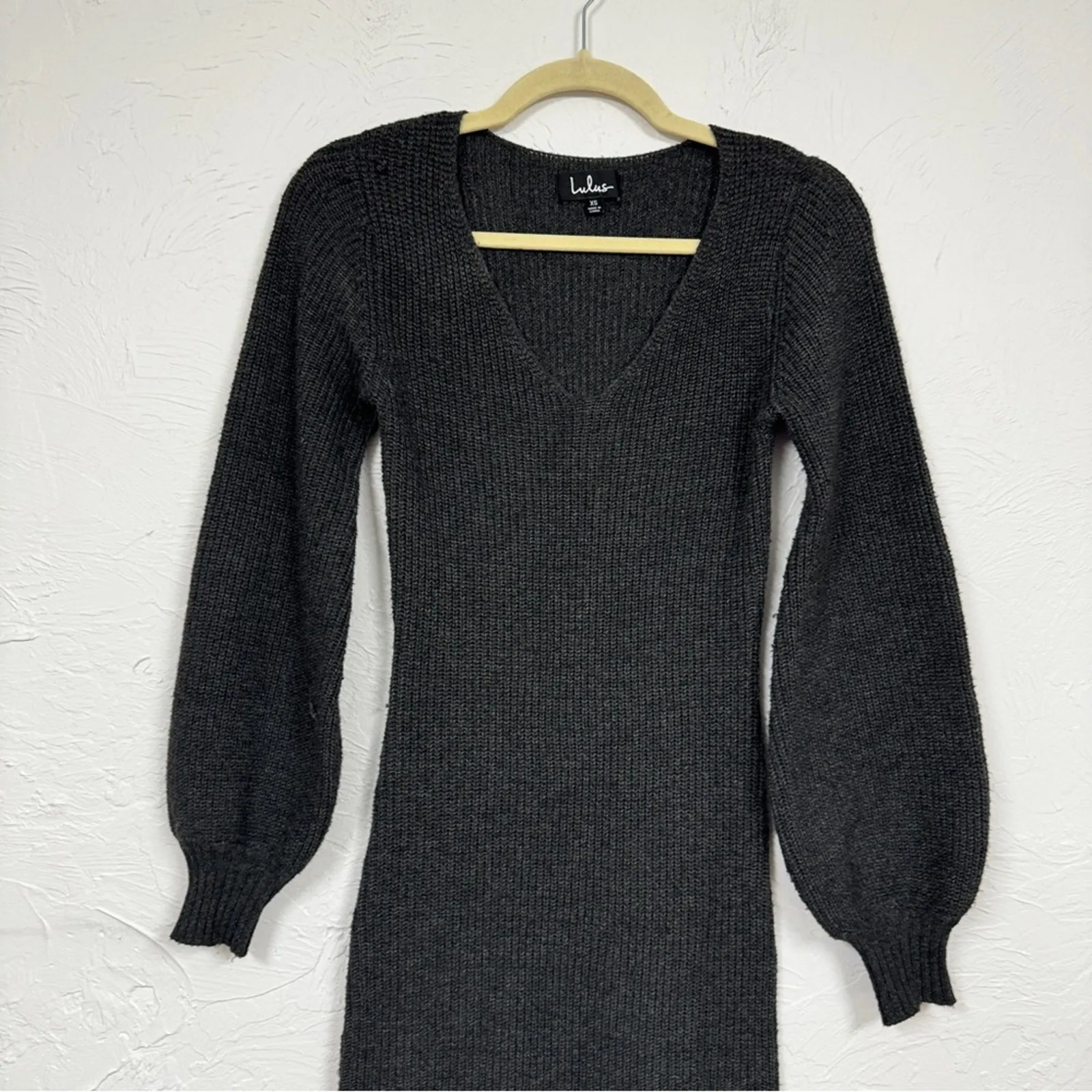 Lulus Grey Mini Sweater Dress Womens XS Balloon Sleeve Preppy Casual Ribbed Knit - Image 2