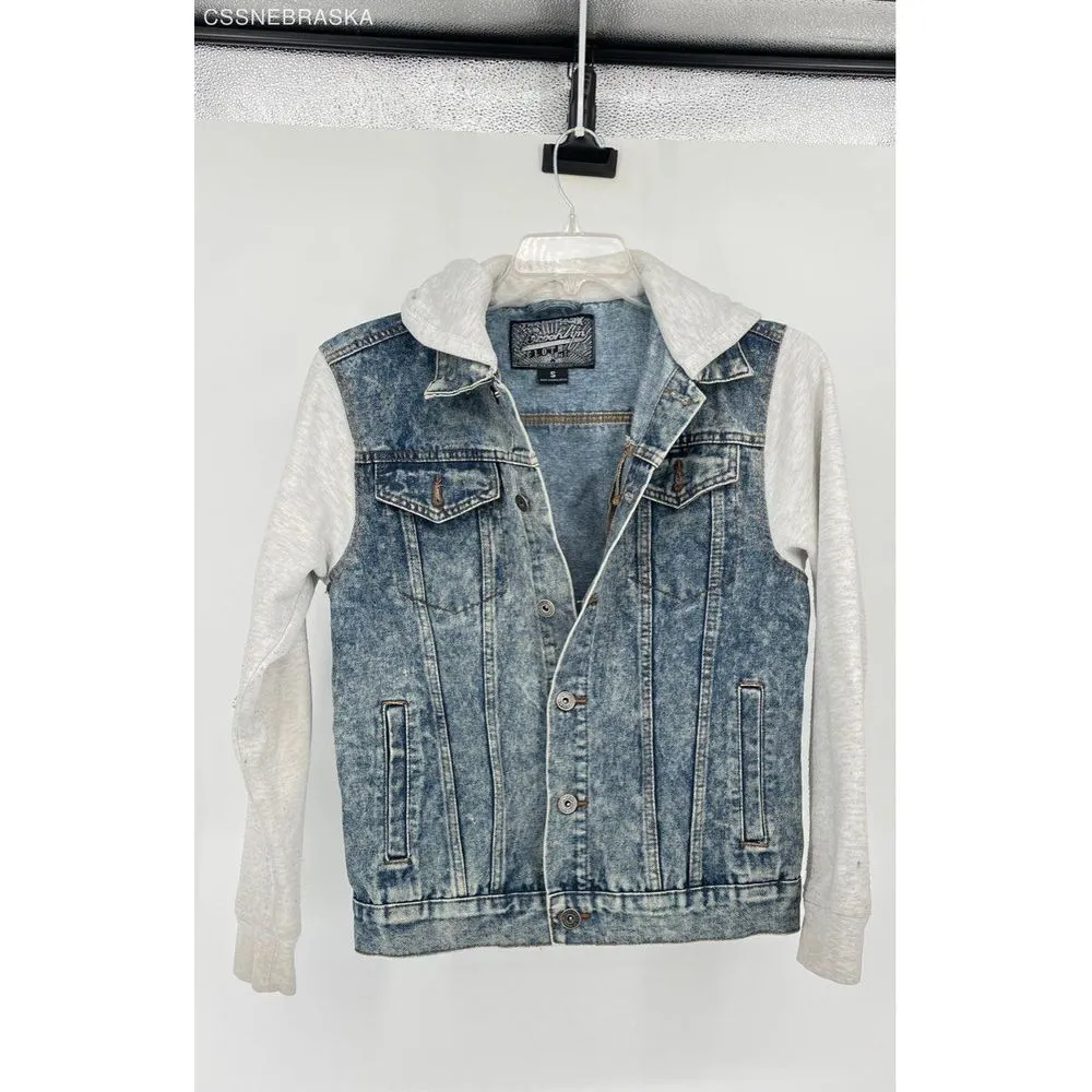 Men's Brooklyn Cloth Denim Jacket Hoodie‎ Knit Sleeves Acid Wash Jean Jacket S - Image 2