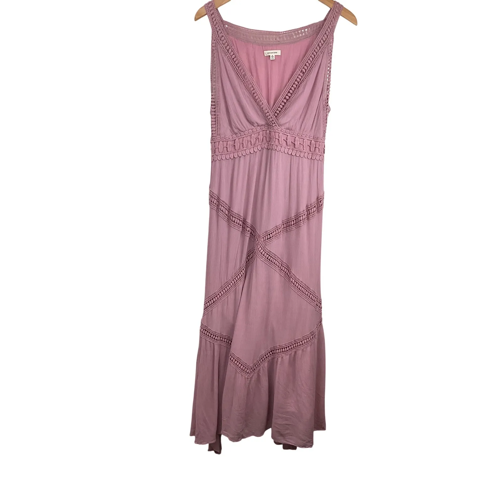 Max Studio V Neck Maxi Dress Dusty Rose Crochet Lace Tiered Boho Festival 14 - Image 5