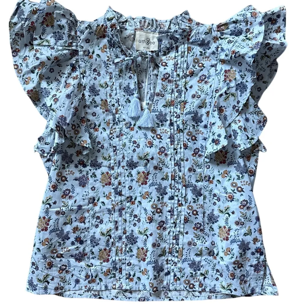 Umgee Romantic Layered Ruffled Flutter Sleeve V Neck Tassel Top Size Small - Image 2