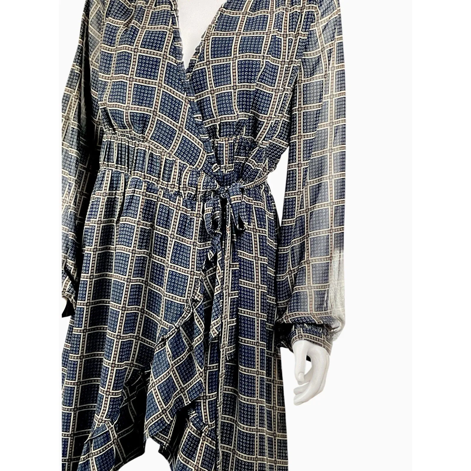 Anthropologie dRA Cicero‎ Wrap Asymmetric Dress Ruffle Plaid Boho Blue - Large - Image 4