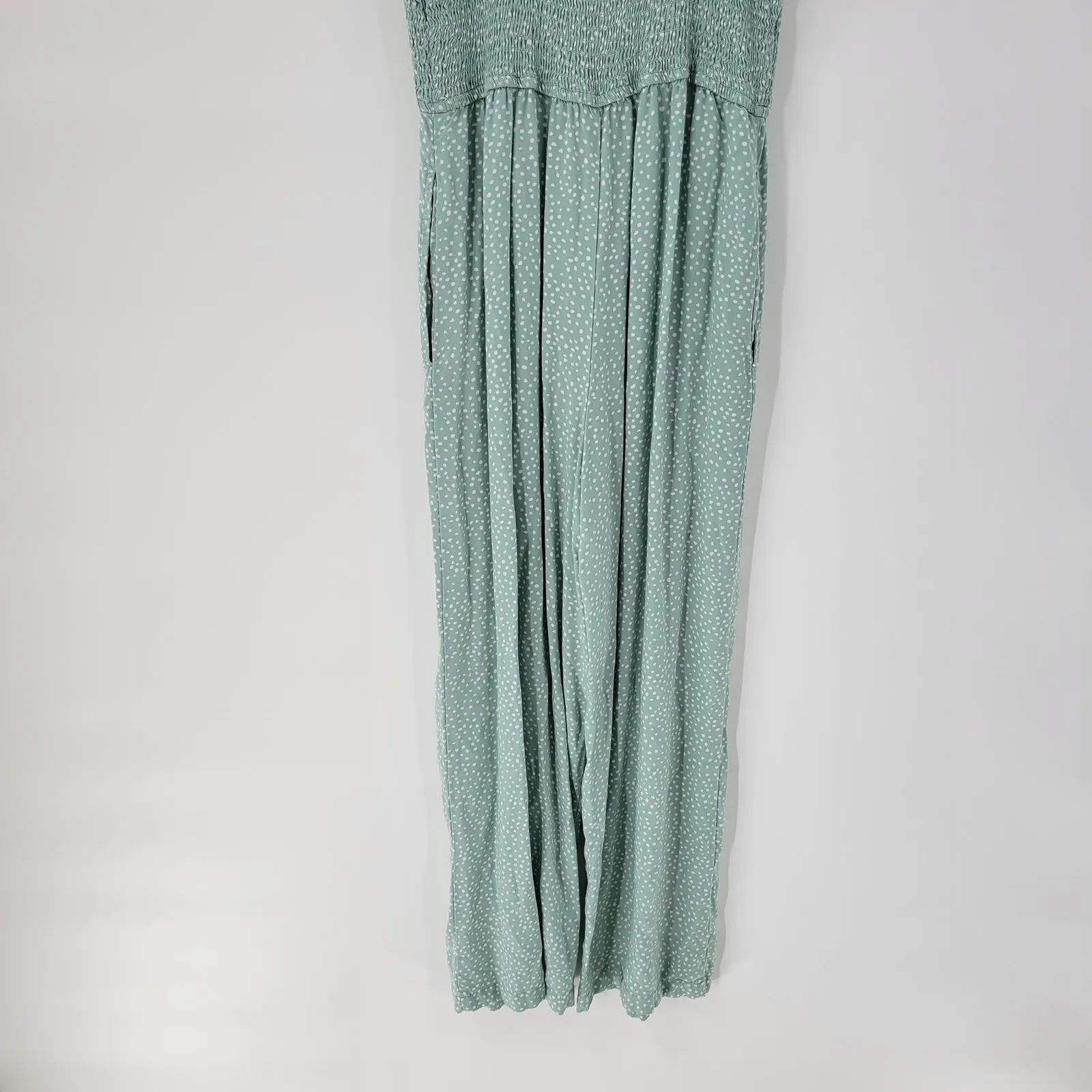 Jessica Simpson Jumpsuit Womens M Green White Polka Dot Wide Leg Smocked‎ Straps - Image 2
