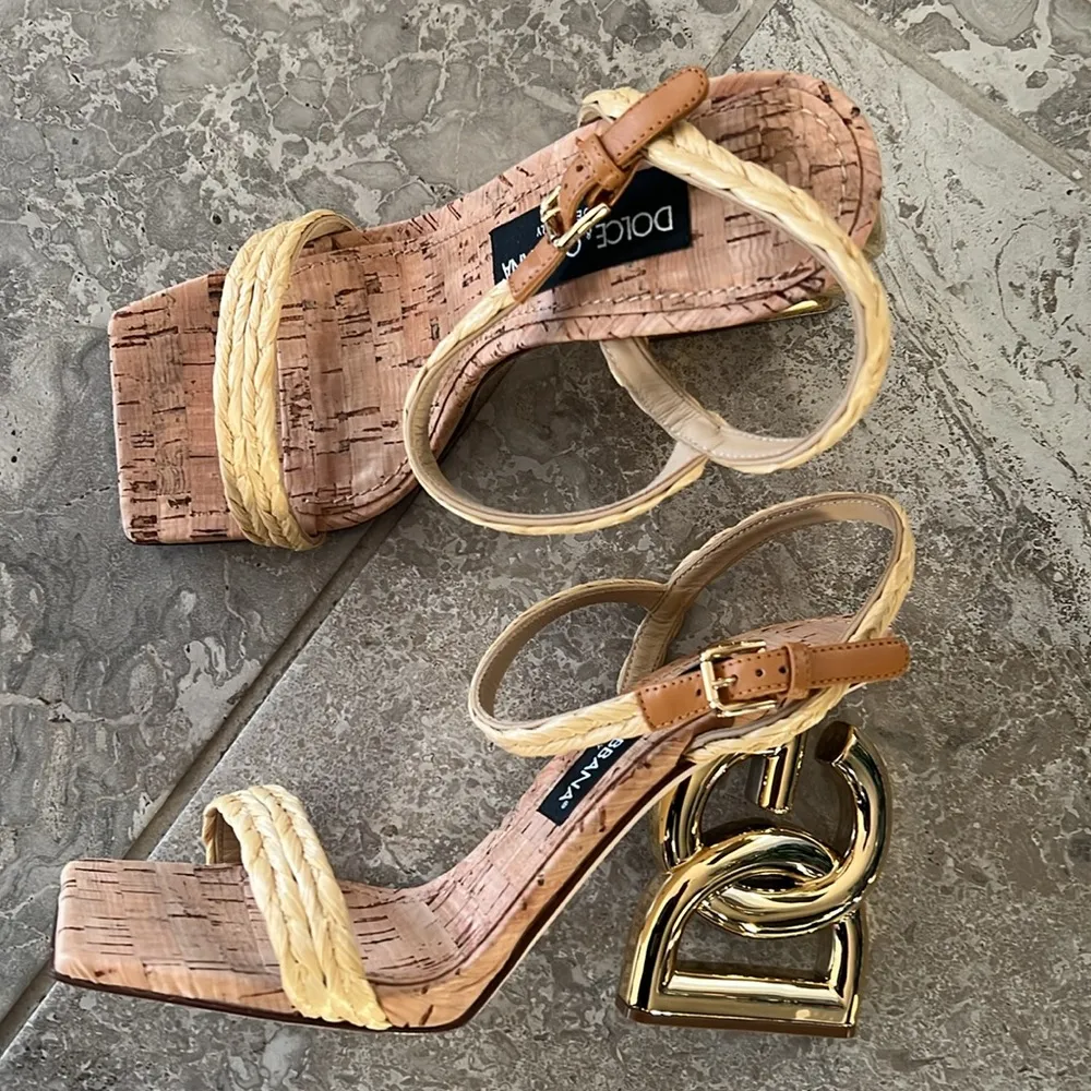 Logo Heel Ankle Strap Sandals in Gold Tan, New in Box - Image 3