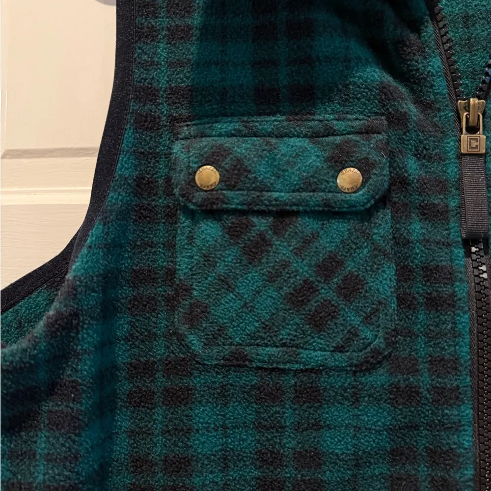 Chaps Full Zip Fleece Vest Side Pockets Green & Black Plaid Petite Large - Image 3