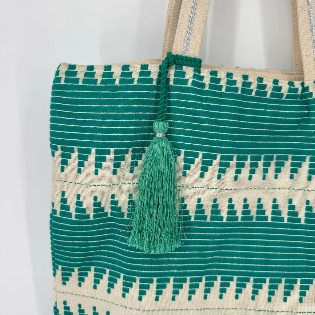 Tie Rack‎ London Boho Woven Canvas Tote Bag with Tassel – Green & Cream - Image 3