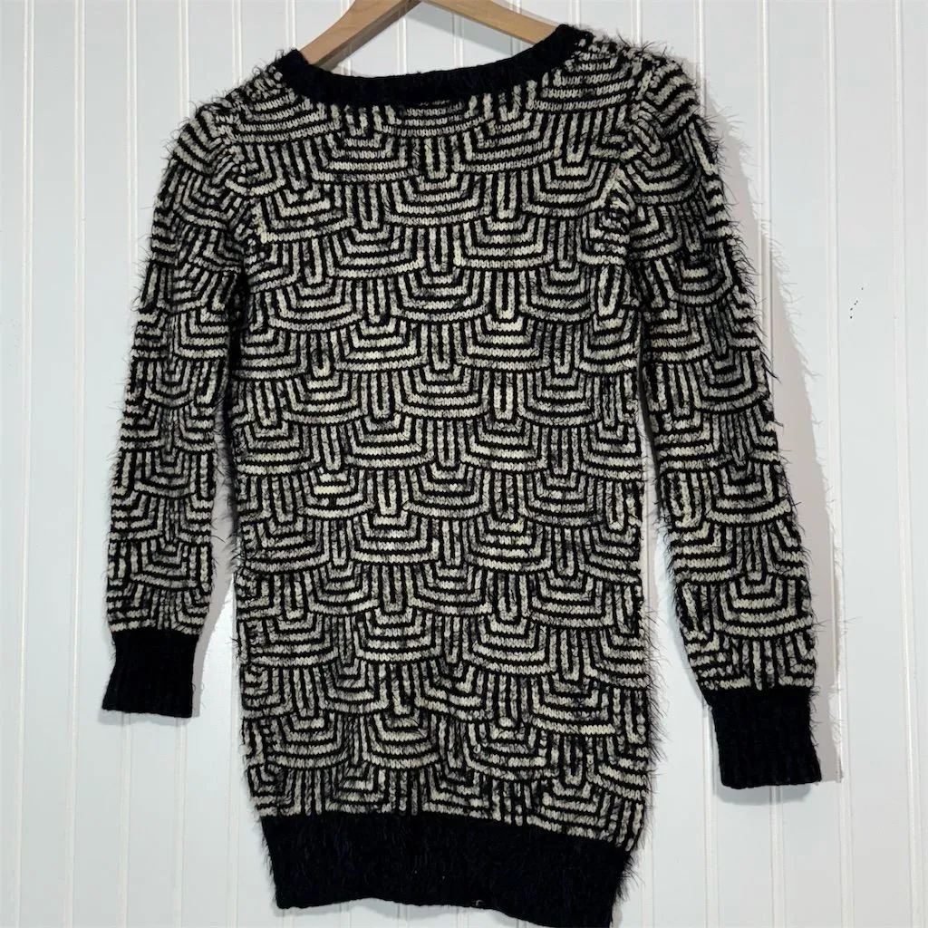 Katsumi Black White Geometric‎ Fuzzy Knit Sweater Dress Tunic Long Sleeve Small Gray - Image 2