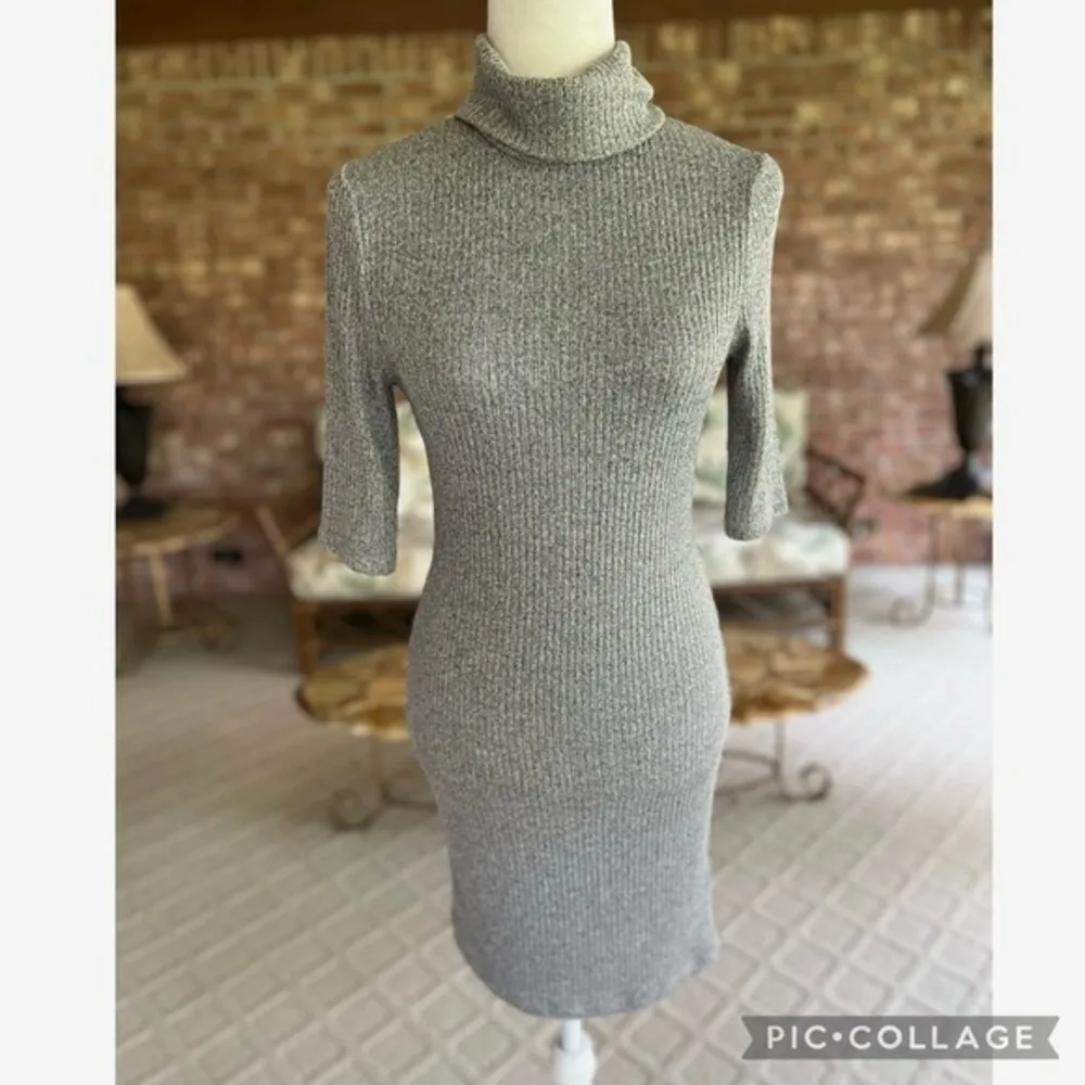 TopShop Dress Cowl Neck Grey Ribbed Knit Mini 6 Bodycon Minimalist Short Sleeve - Image 2