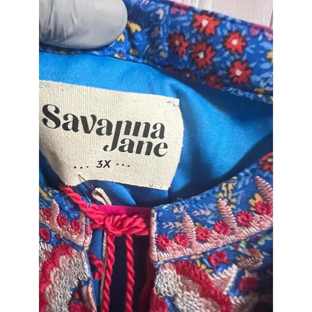 Savanna Jane Dress Blue 3X Floral Embroidered Lined Sleeveless Tassels Pink Boho - Image 3