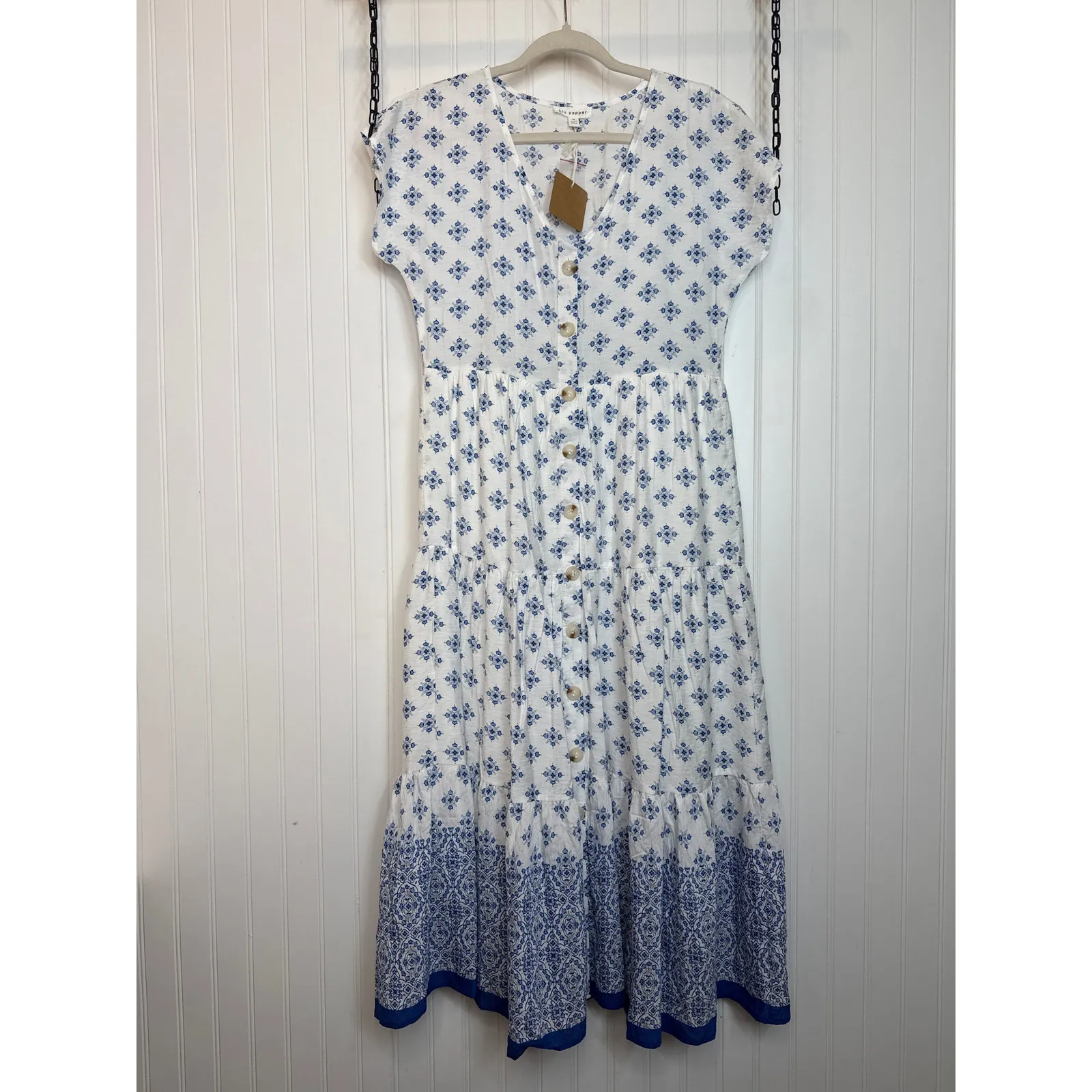 NWT Blue Pepper Geometric Print Midi Dress Blue White Tiered V - Image 2
