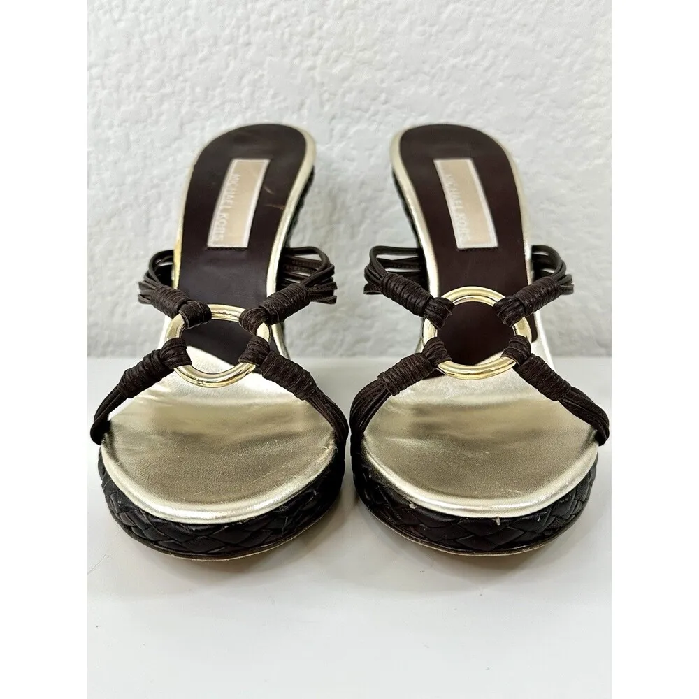 MICHAEL KORS Leather Wedge Sandals Woven Strappy Slip-On Heels Sz 7 6.5 Vintage - Image 2