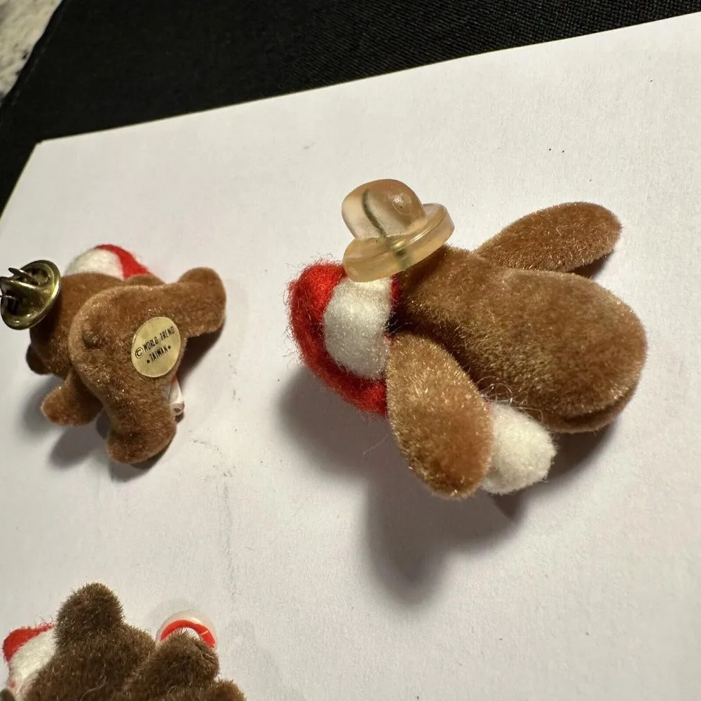 Christmas Holiday Brooch Pins Lot Of 3 Felt Teddy Bear / Moose In Santa Hat - Image 5