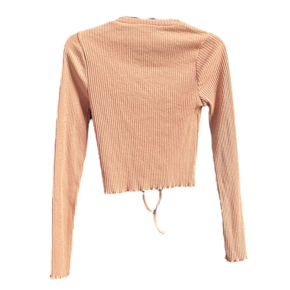Topshop Ribbed Tie Up Scalloped Sweater Peach Pink Size 6 - Image 2