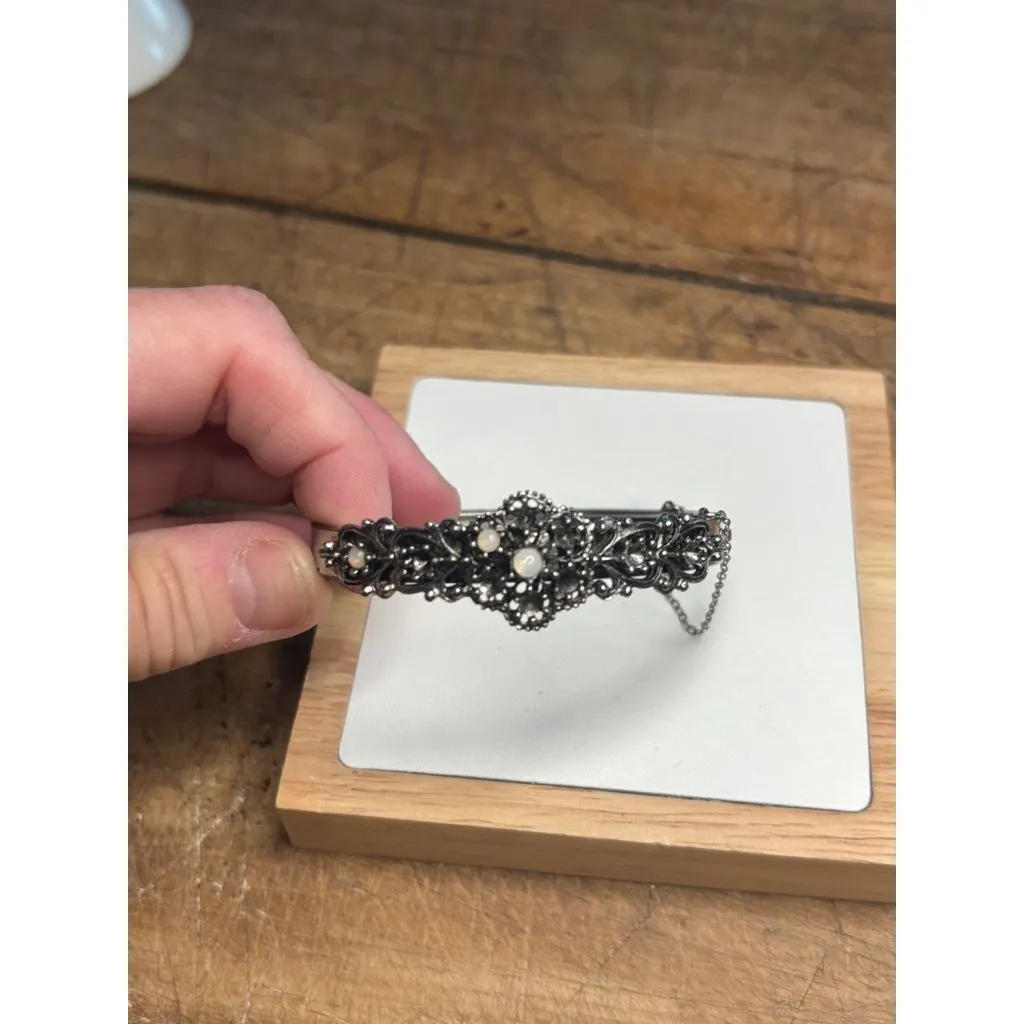 Vintage Silver Hinged Bracelet With Pearl Accents & Intricate Floral Detailing F - Image 10