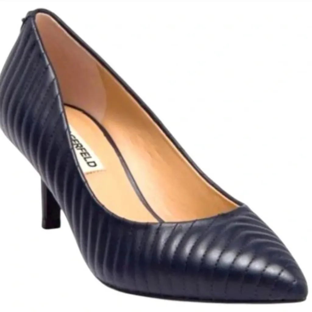 Karl Lagerfeld Rosette Pumps Heels Leather Pointed Black Size 7M Evening Ribbed - Image 1
