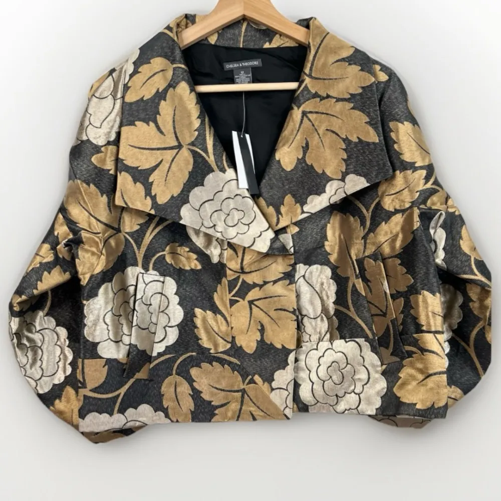 CHELSEA & THEODORE Harlow Jacket Size 6 Black Floral Cropped Metallic 3/4 sleeve - Image 12