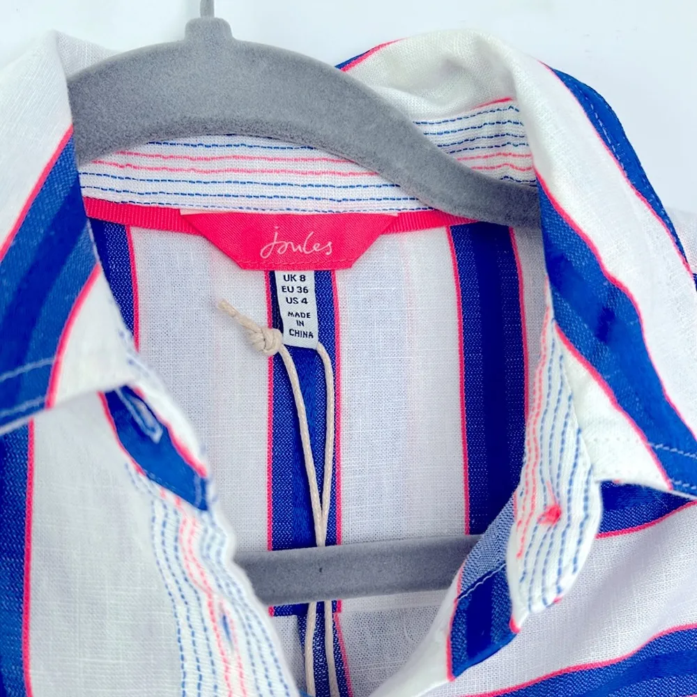 Joules| Lorena Striped Long Line Woven Shirt Blue Coral Button Front NWT sz 4 - Image 4
