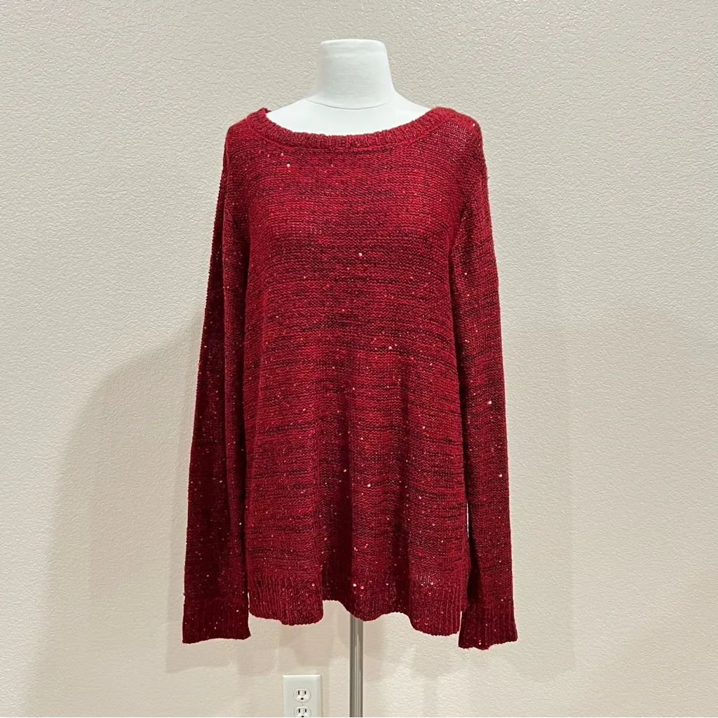 Time and Tru Red Sequins Tunic Sweater with Braided Back Size XL - Image 2