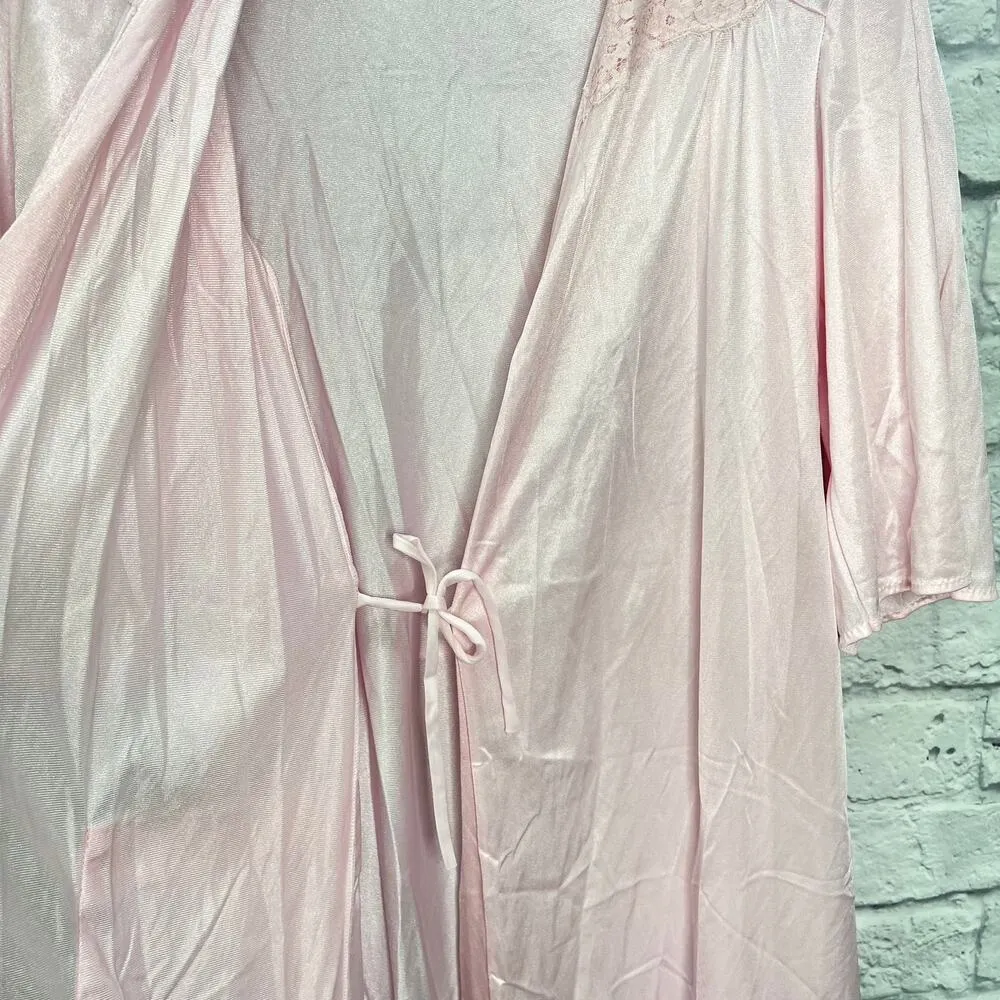 Vintage Nancy King Silky Long Robe Pink Size M Lace Peignoir Lingerie Belt Tie Size M - Image 10