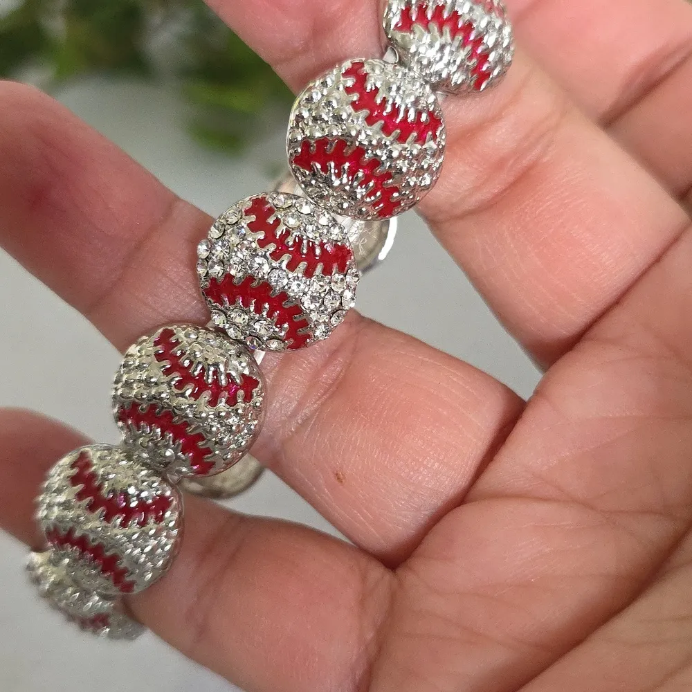 Silver Rhinestone Baseball Stretch Bracelet Red - Image 4