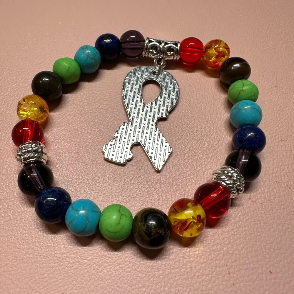 Autism Support Bracelet. Colorful Beaded Bracelet with Puzzle Ribbon Charm Blue - Image 3