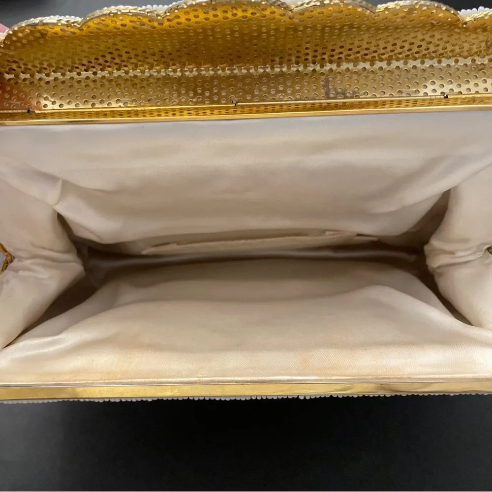 Ivory Beaded PetitPoint Roses Envelope Clutch Purse w/ 5” Drop Handle 9x7x1.5 Pink - Image 7