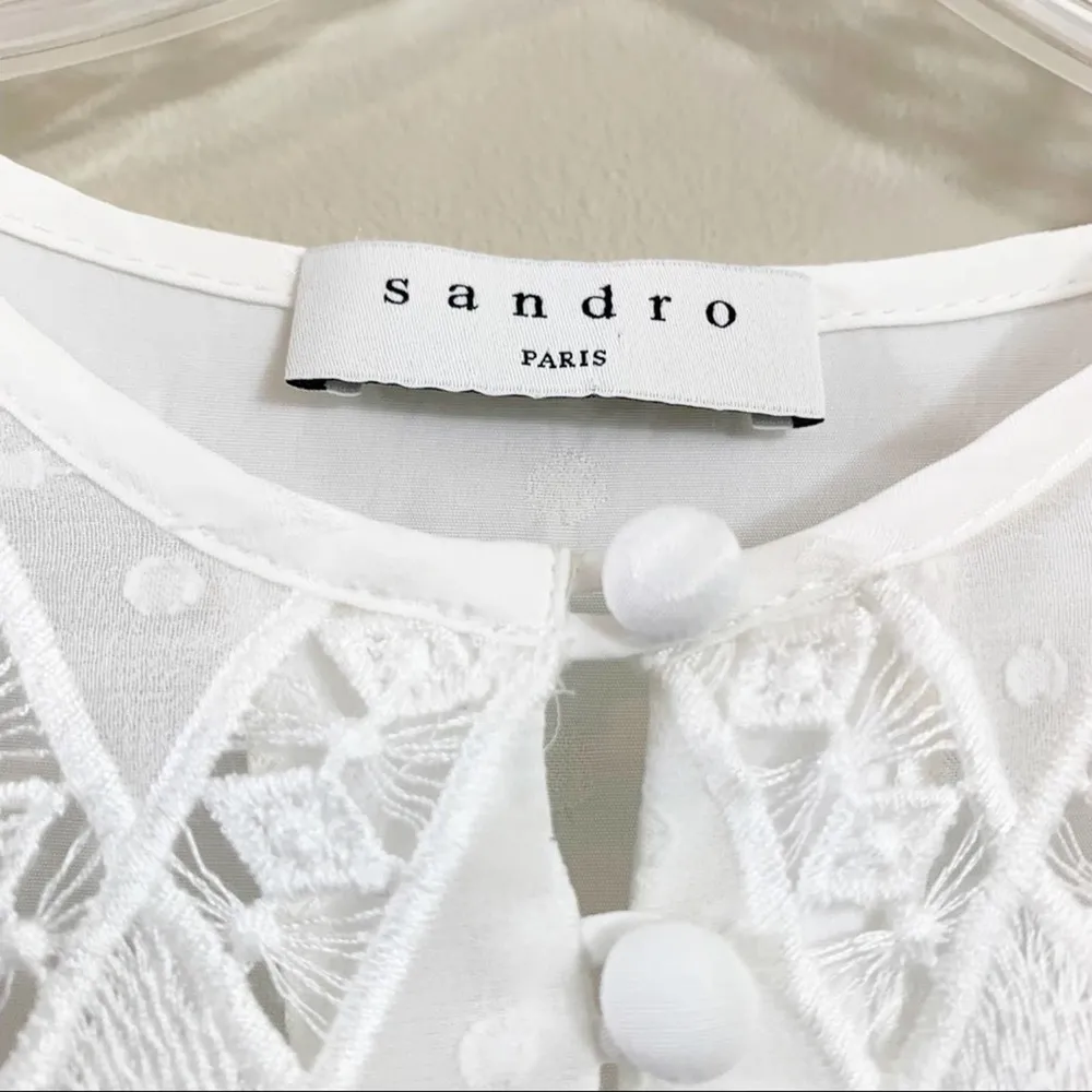 Sandro Paris Marka Lace/Embroidered Ruffle Short Sleeve Cream Top - Image 3