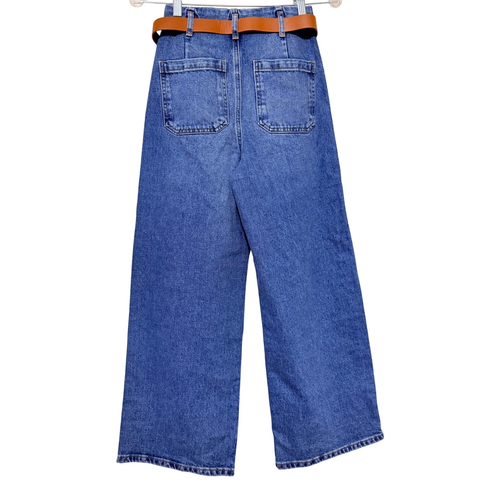 ZARA High Waisted Wide Leg Denim Jeans Medium Wash Belted Size 0 - Image 2