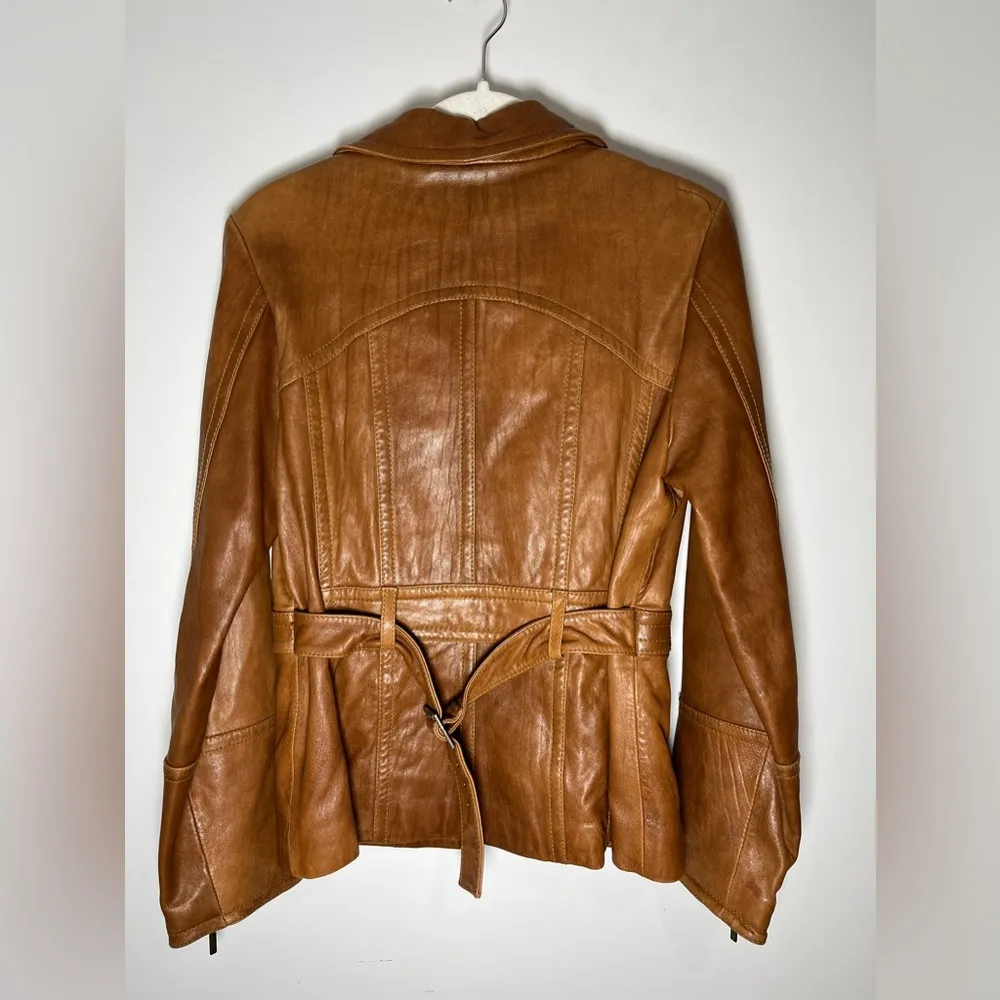 Vintage Anne Klein Longer Line Camel Faux Belted Leather Jacket Sz M - Image 11