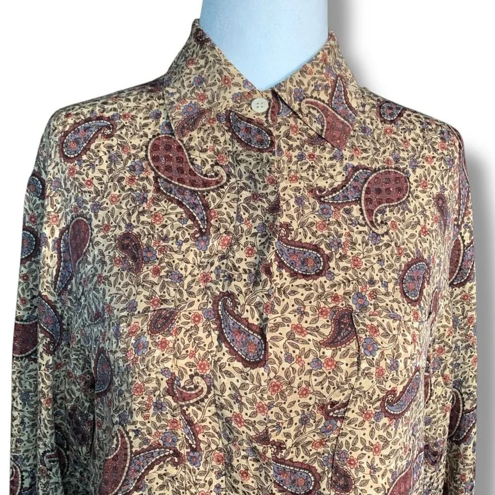 Vintage 90s Top Tan Maroon Silk Paisley Button Front Long Sleeve Dark Floral 6 - Image 11