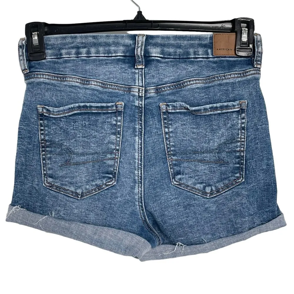 American Eagle SZ 4 Curvy Hi-Rise Shortie Jean Shorts Distressed Cuffed Stretch - Image 4