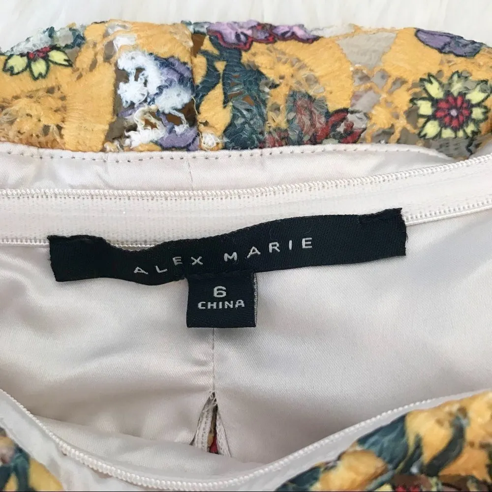 ALEX MARIE Off The Shoulder Yellow Lace Midi Dress Floral Print‎ Size 6 New - Image 5