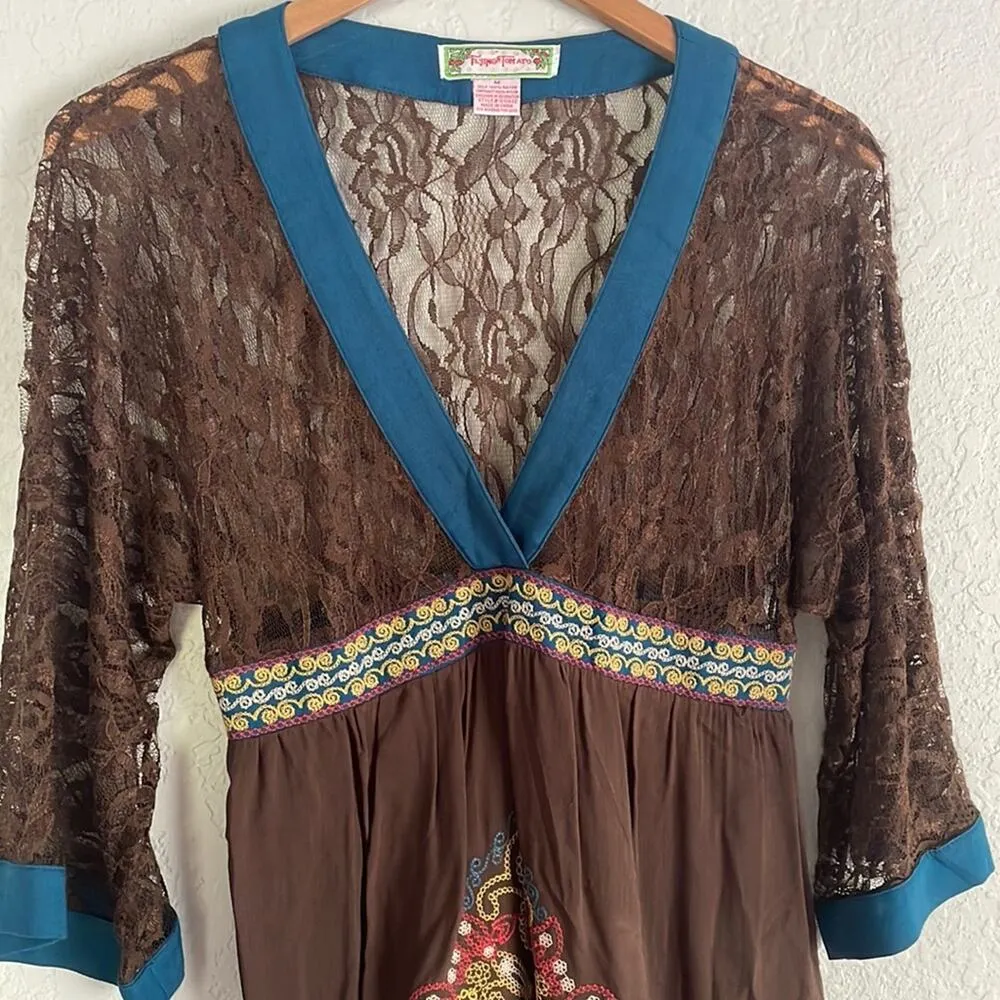 Flying Tomato Brown Lace Embroidered Dress Boho Forest Fairy Sheer Coquette Mini - Image 2
