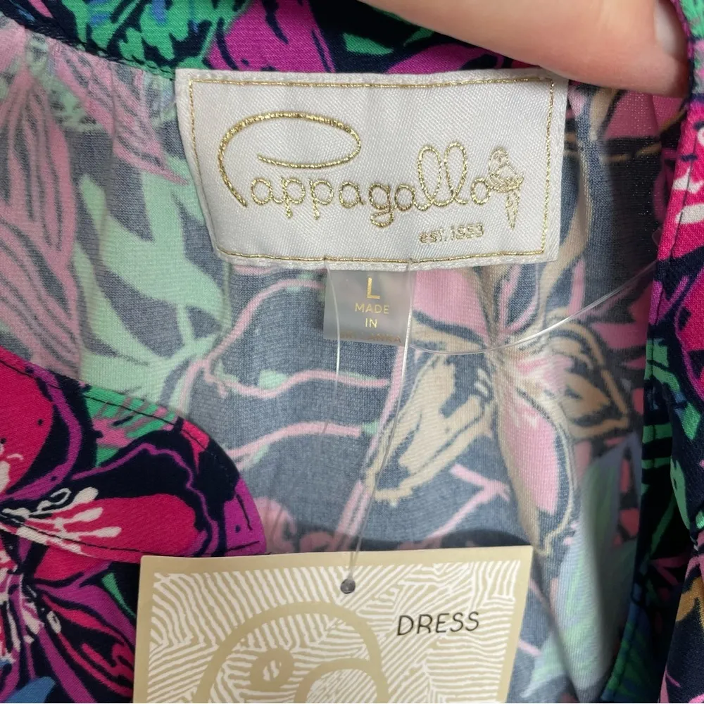 Cappagallo Dress Shift Stretchy Slinky Floral Tropical 3/4 Pink Blue Green Gold Size L - Image 12