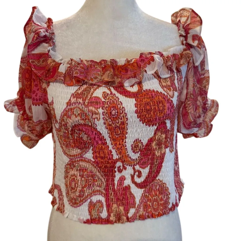 Express Women's Paisley Puff Sleeve Blouse Red Size M - Image 2