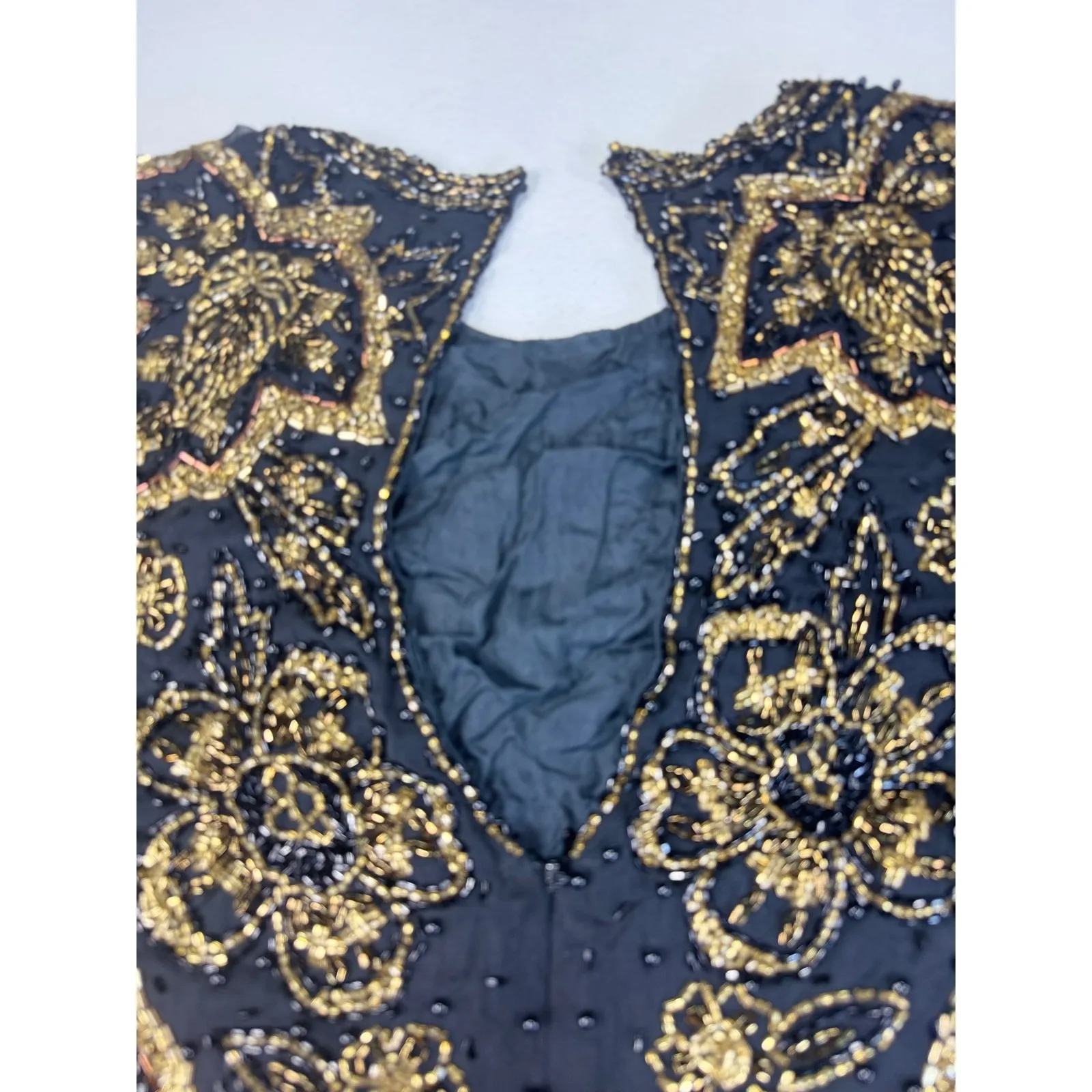 Black Tie Beaded Dress Size 10 Gold Flowers Vintage Cocktail‎ Party - Image 8