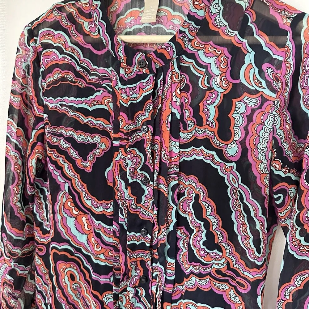 Banana Republic Dress Midi Collar Floral Paisley Tie Waist Sheer Casual … - Image 5