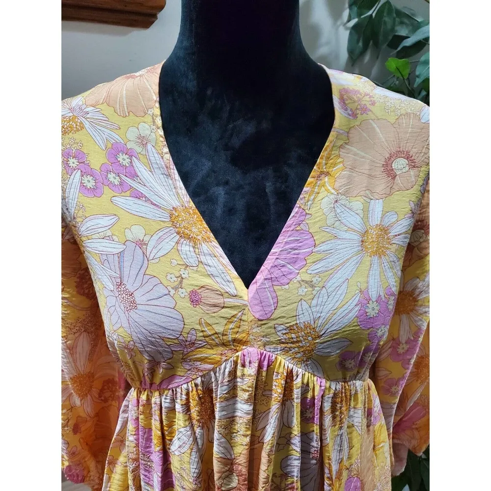 H&M Women's Yellow Floral Viscose V-Neck Long Sleeve Knee Length Dress Size M - Image 2