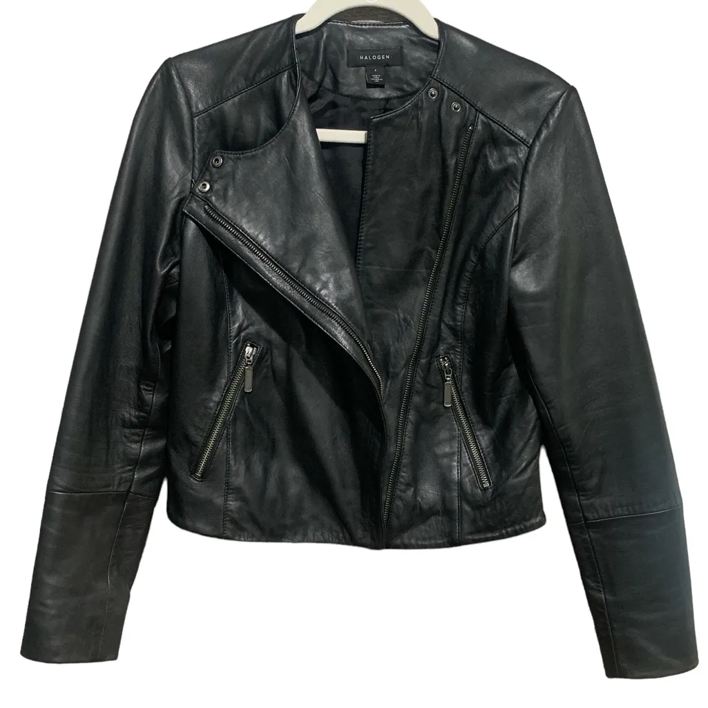HALOGEN Leather Zip front Moto Jacket S 19.5” p2p Black $250 Retail EUC - Image 3