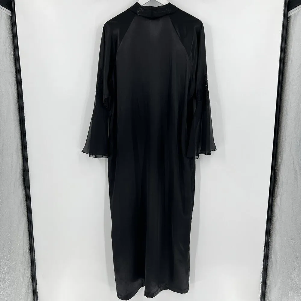 Oscar De La Renta Pink‎ Label Lingerie Black Satin Robe Lace Sleeves Size Large - Image 6