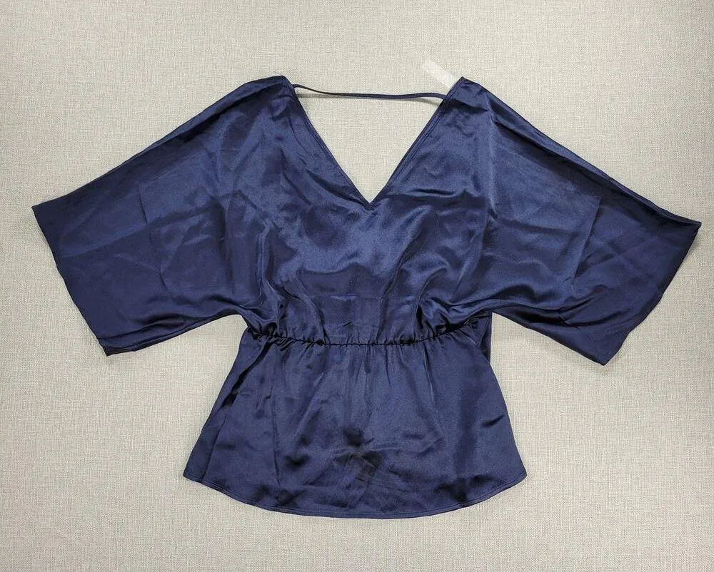 Pleione Womens Blouse S Navy Blue Satin Front Twist V-Neck Kimono 3/4 Sleeve - Image 9