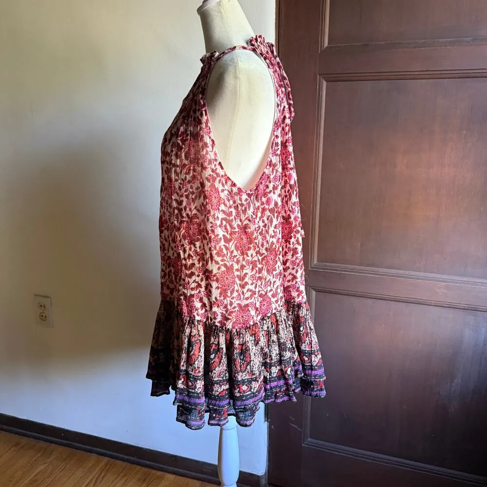 FREE PEOPLE | LYLA Red Floral Gauze High Neck Ruffle Hem Mini Dress | Medium - Image 3