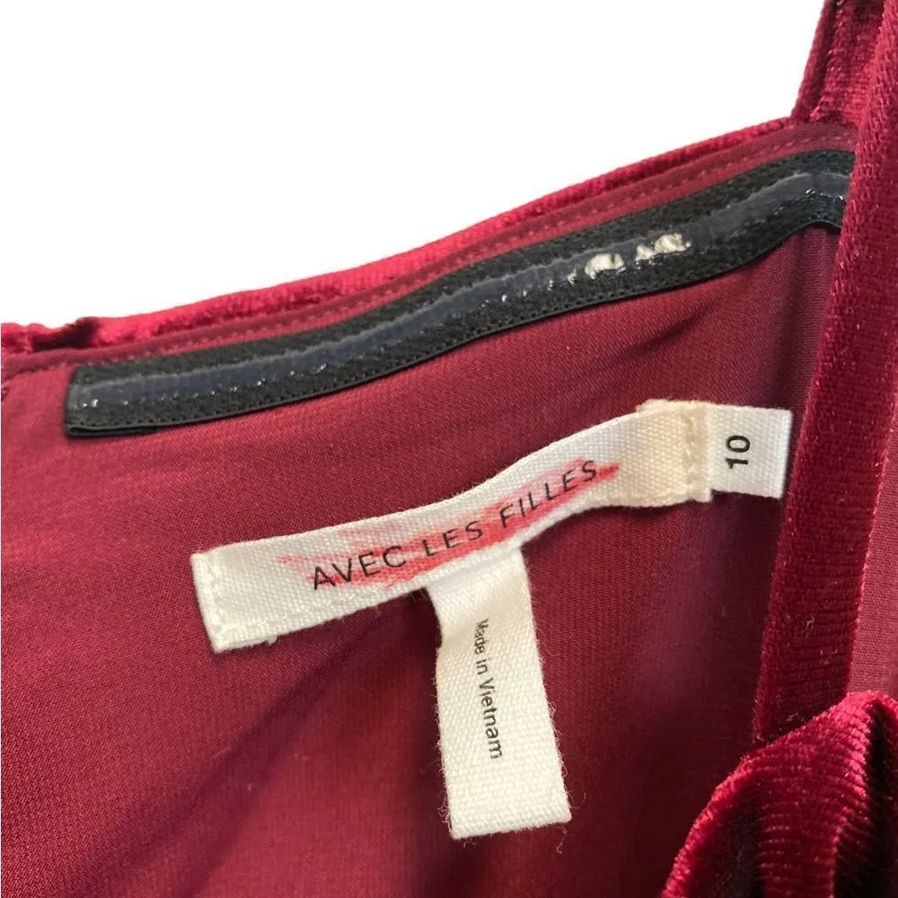Avec Les Filles Sz 10 Cropped Velvet Jumpsuit Wine Red Boho Cocktail Ruffles - Image 4
