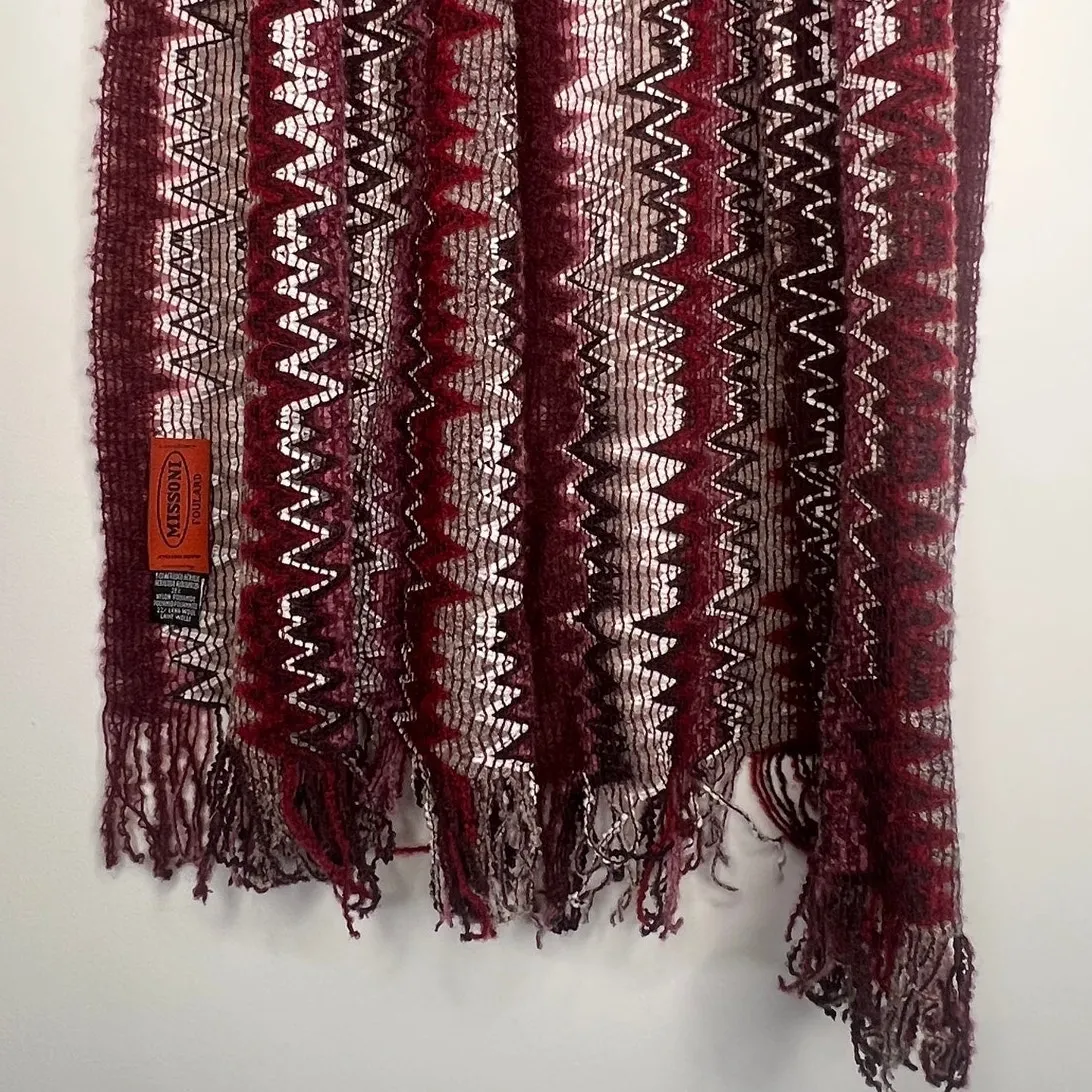 Missoni Zig Zag Purple Burgundy Wool Knit Blend Fringe Scarf - Image 7