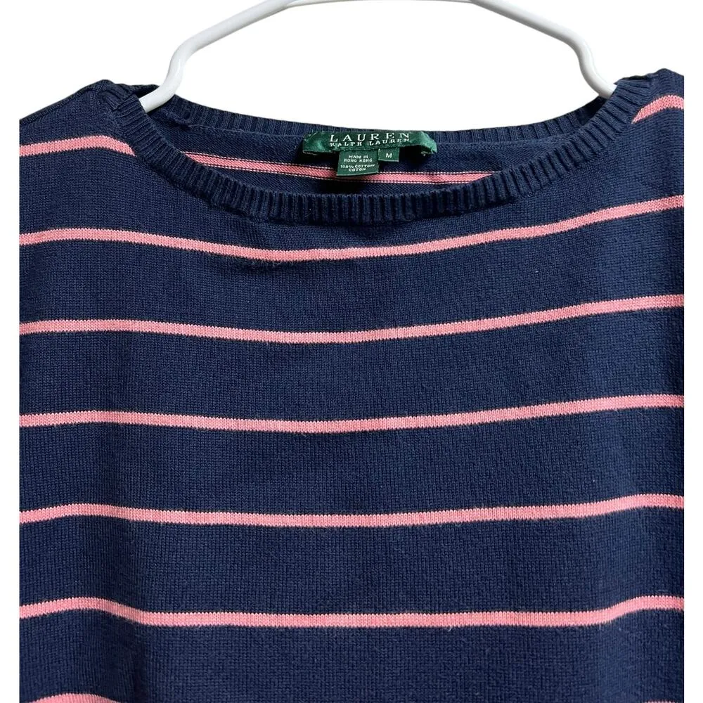 Lauren Ralph Lauren 3/4 Sleeves Blue Pink Striped Cotton Sweater Top Size M - Image 3